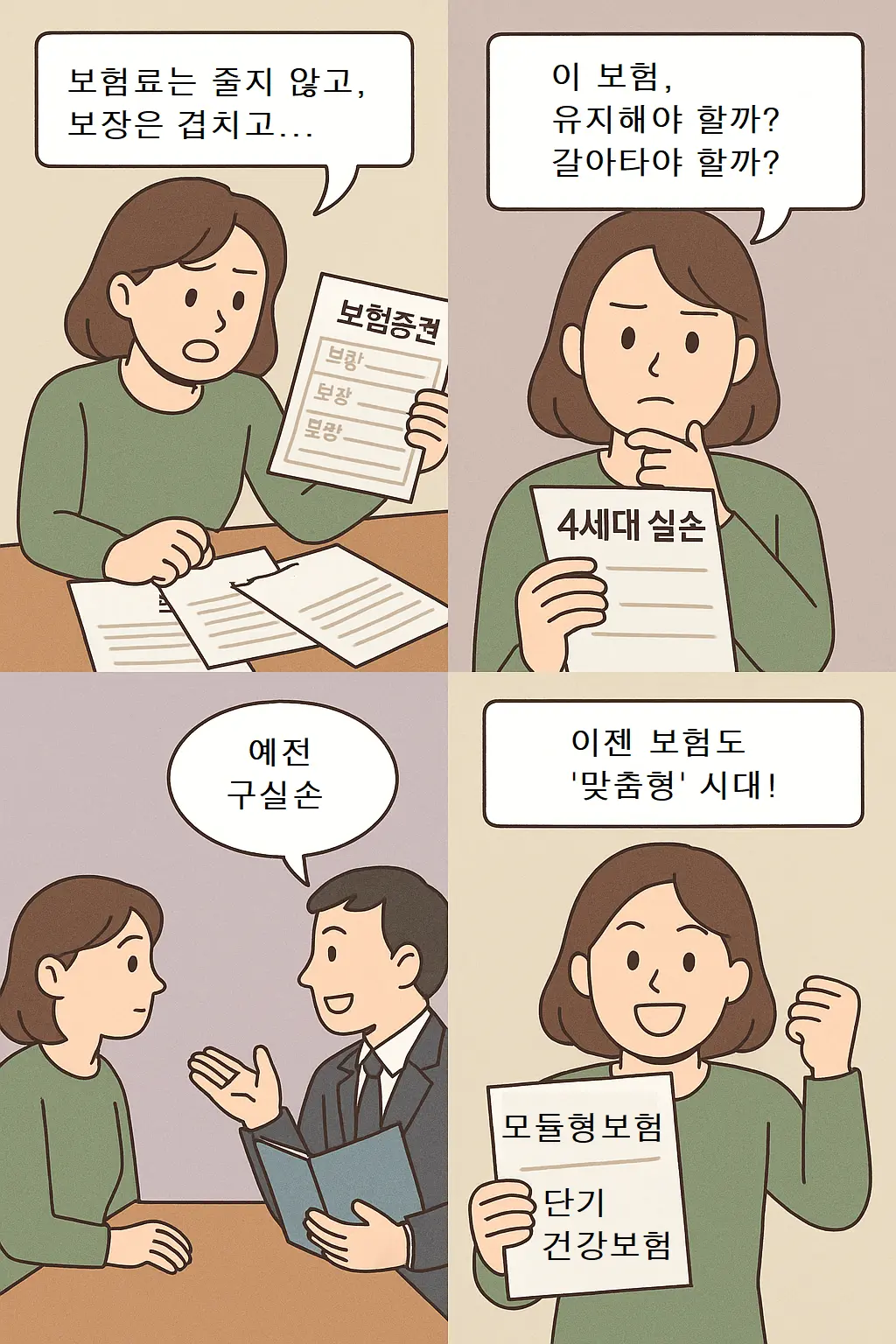 모듈형 보험과 단기 건강보험을 선택한 여성, 맞춤형 보험 설계에 만족하며 기뻐하는 모습