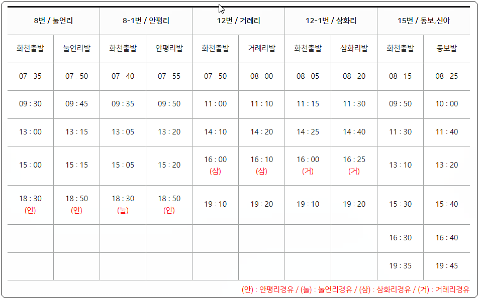 화천 시내버스 시간표(지선노선) 2