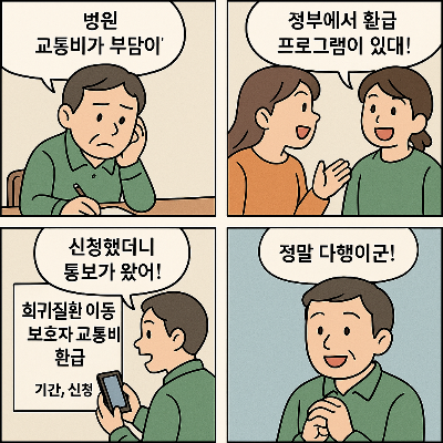 한국어 대체 텍스트:

첫 번째 컷: 병원 대기실에서 보호자가 아이의 손을 잡고 “한 달에 몇 번이나 병원 오려니, 교통비도 만만치 않네…”라고 말하는 장면.

두 번째 컷: 상담사가 “희귀질환 아동 보호자 교통비 환급 프로그램이 있어요!”라며 안내하는 장면.

세 번째 컷: 보호자가 온라인으로 신청서를 작성하며 “이렇게 간단하게 신청할 수 있군요”라고 말하는 장면.

네 번째 컷: 환급 확인 메시지를 보며 보호자가 “조금은 숨통이 트이네요”라고 미소 짓는 장면.
