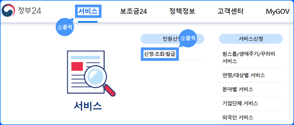 정부 24 홈페이지 소득금액증명원 발급 메뉴