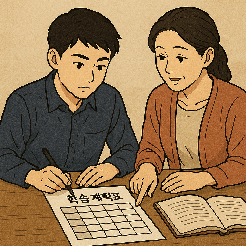 학생과 학부모가 함께 학습 계획을 세우는 장면
