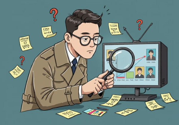 돋보기를 들고 연애 프로그램 화면 속 출연자들의 관계도를 집중해서 분석하는 남성의 모습. 주변에는 메모와 화살표가 그려진 노트가 흩어져 있다.