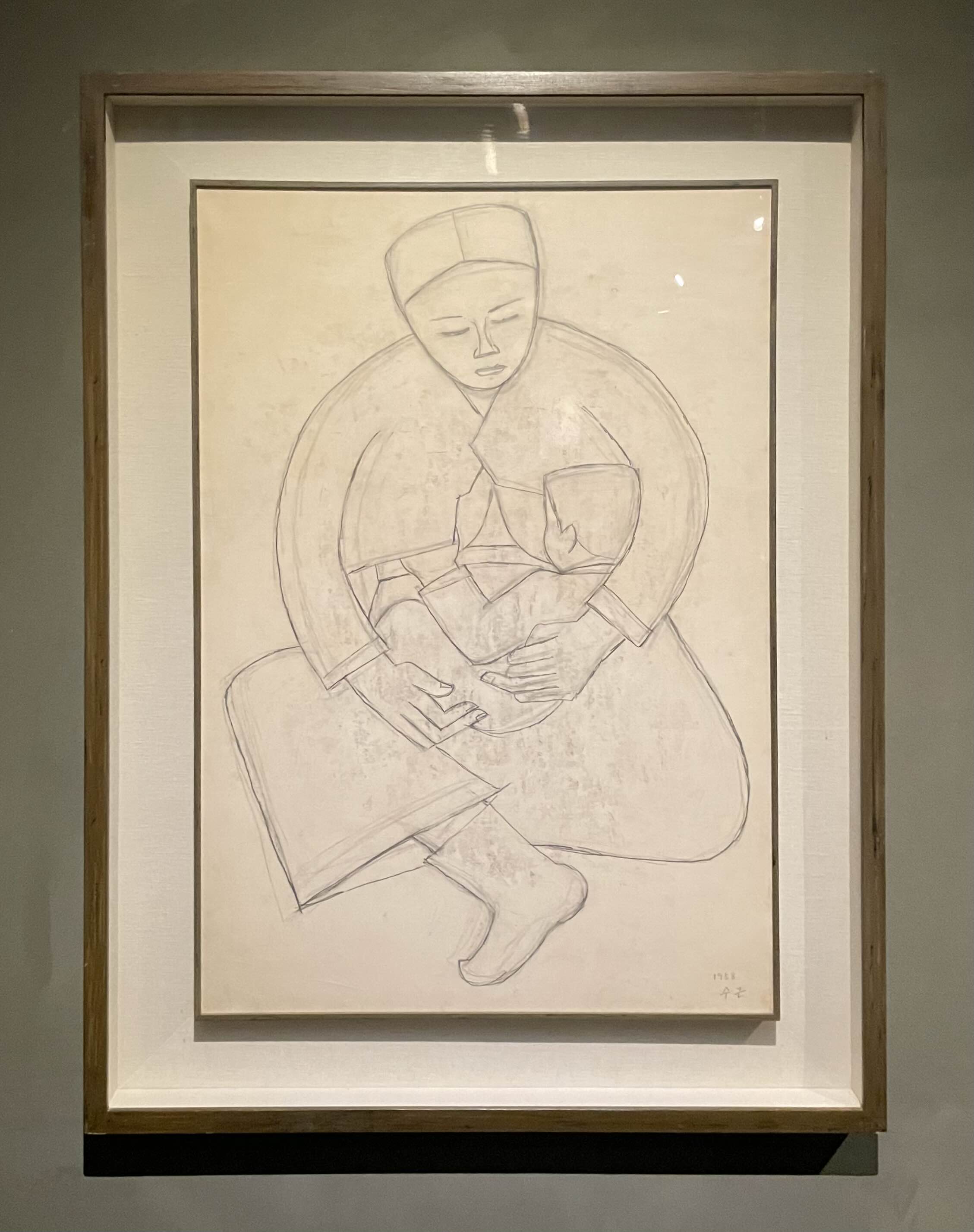 박수근-젖 먹이는 아내(모자) (1958&#44; 종이에 연필)