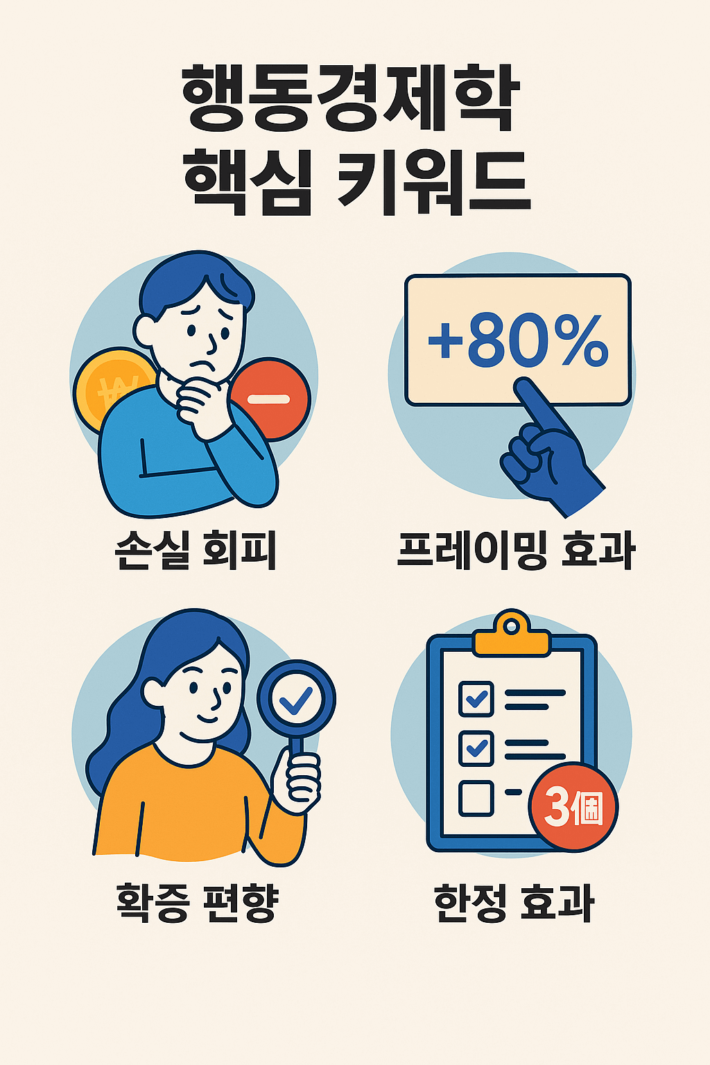 행동경제학에서 자주 등장하는 심리 개념들을 키워드 중심으로 정리한 인포그래픽