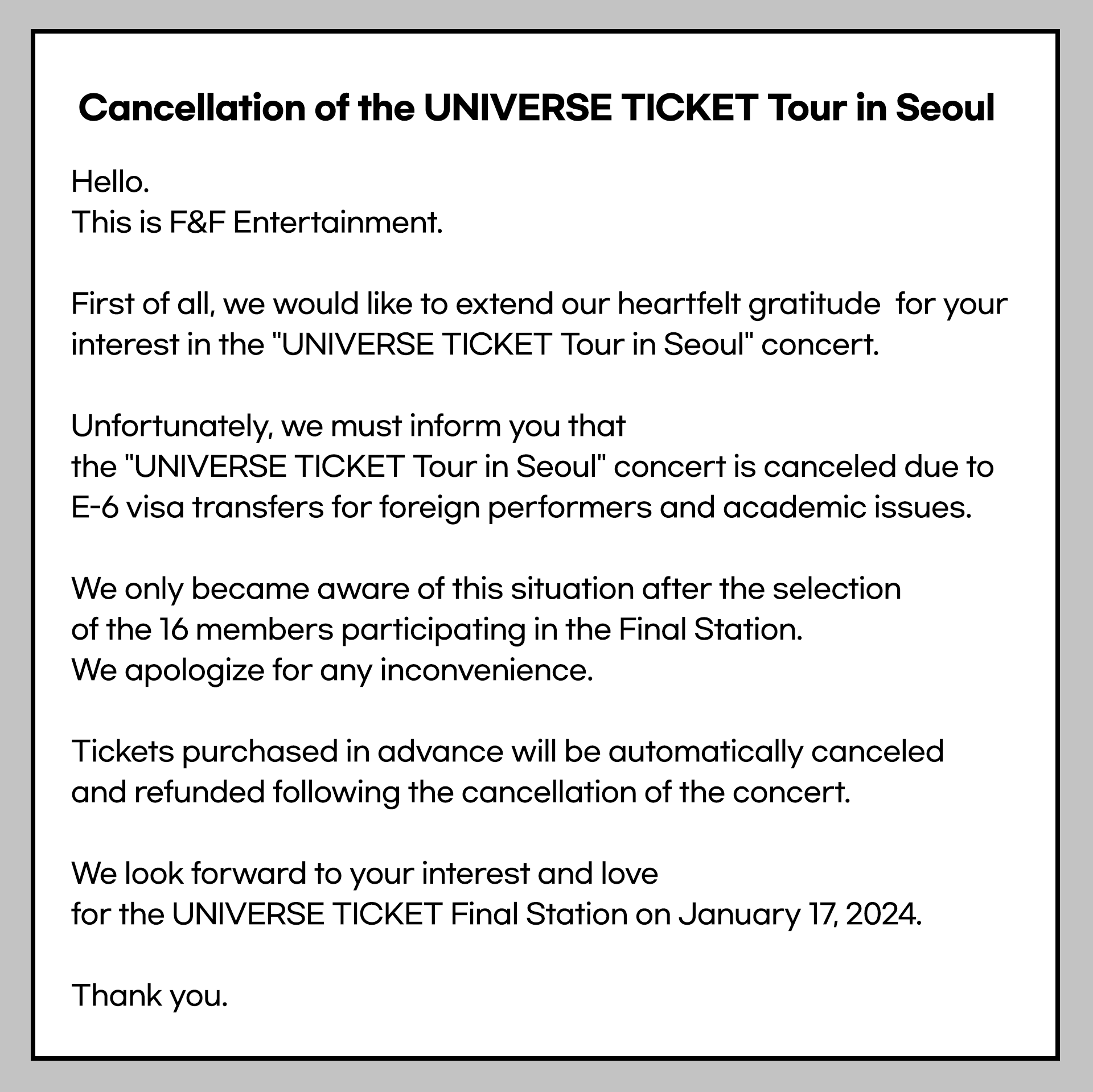 취소된 &#39;유니버스 티켓&#39; 콘서트 비자와 학업 문제로 인한 난제