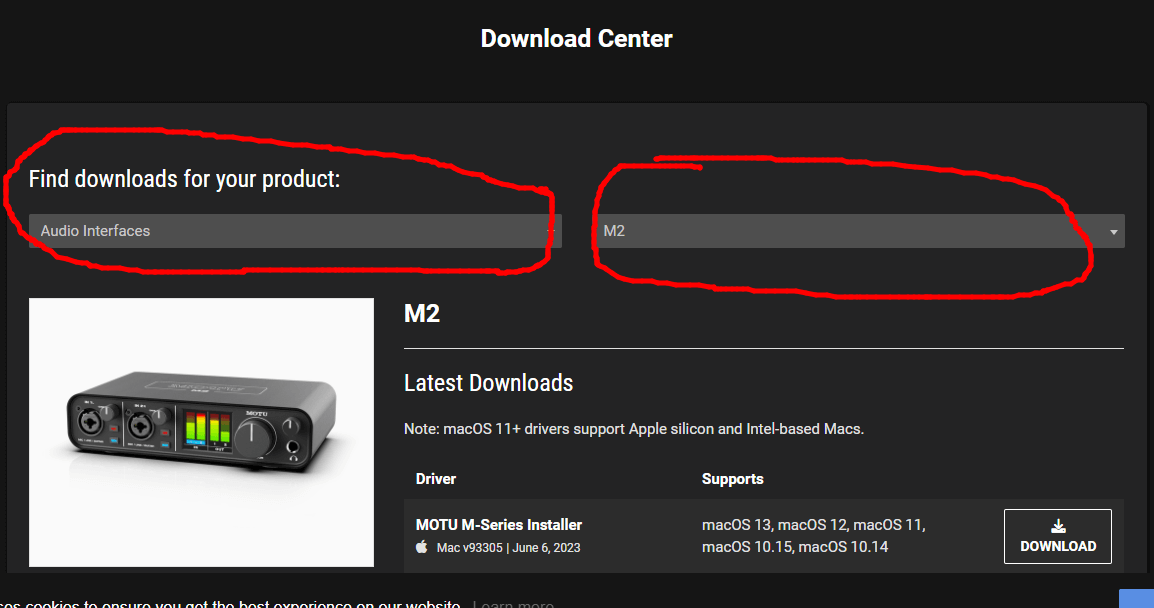 Motu M2 firmware 다운로드 화면 사진