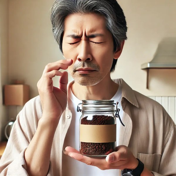커피 용기를 코 가까이 들고 냄새를 못 맡아 혼란스러워하는 중년 동양 남성