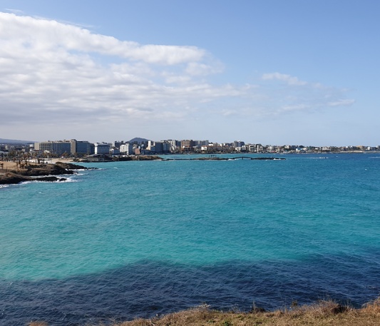 제주도 한달살기 4인가족 서우봉에서 내려오며 함덕해수욕장을 바라보며 찍은 사진