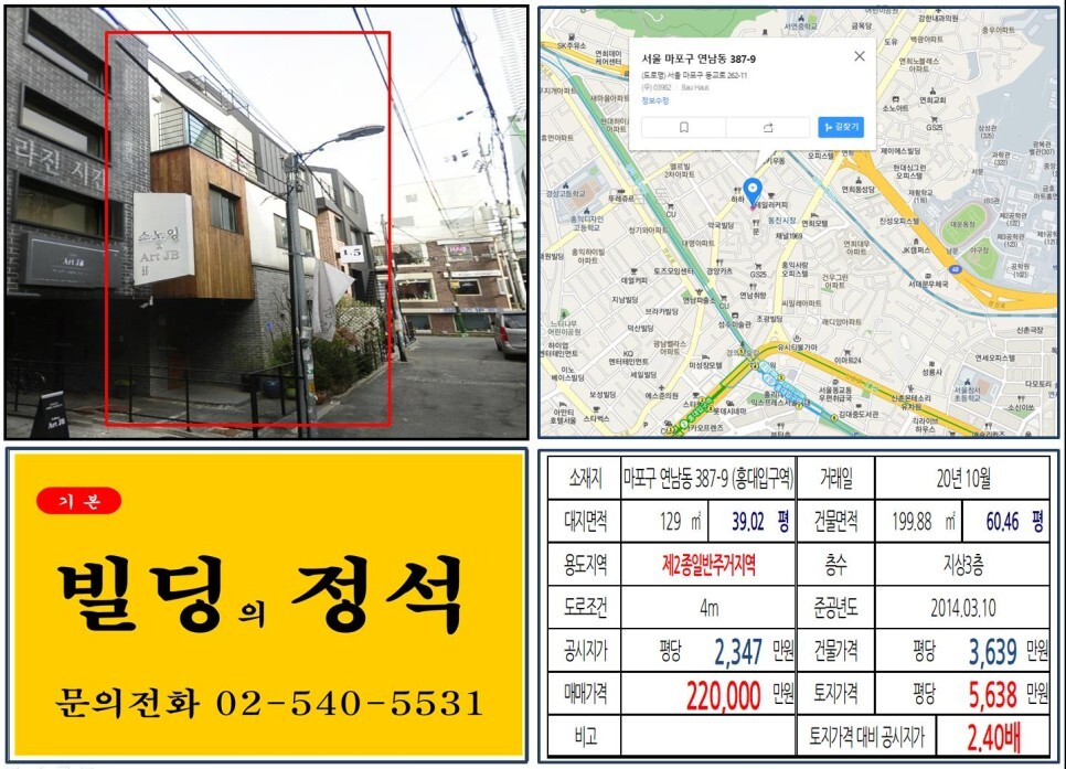  [마포구 동진시장 미로길 20억 꼬마빌딩 실거래가 조회] 연남동 387-9 (홍대입구역) 22억 원, 평당 5,638만 원 매매되었습니다. 연트럴파크, 경의선 책거리