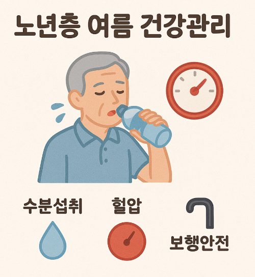 노년층 여름 건강관리 (수분섭취, 혈압, 보행안전)