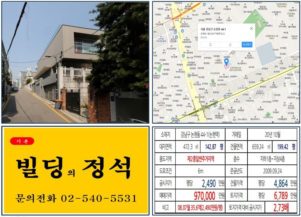  [강남구 논현가구거리, 학동공원 90억 꼬마빌딩 실거래가 조회] 논현동 44-1 (논현역) 97억 원, 평당 6,789만 원 매매되었습니다. 신