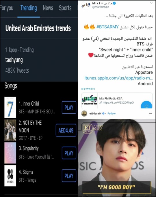  방탄소년단 뷔 '이너차일드' 중동권 뜨거운 인기