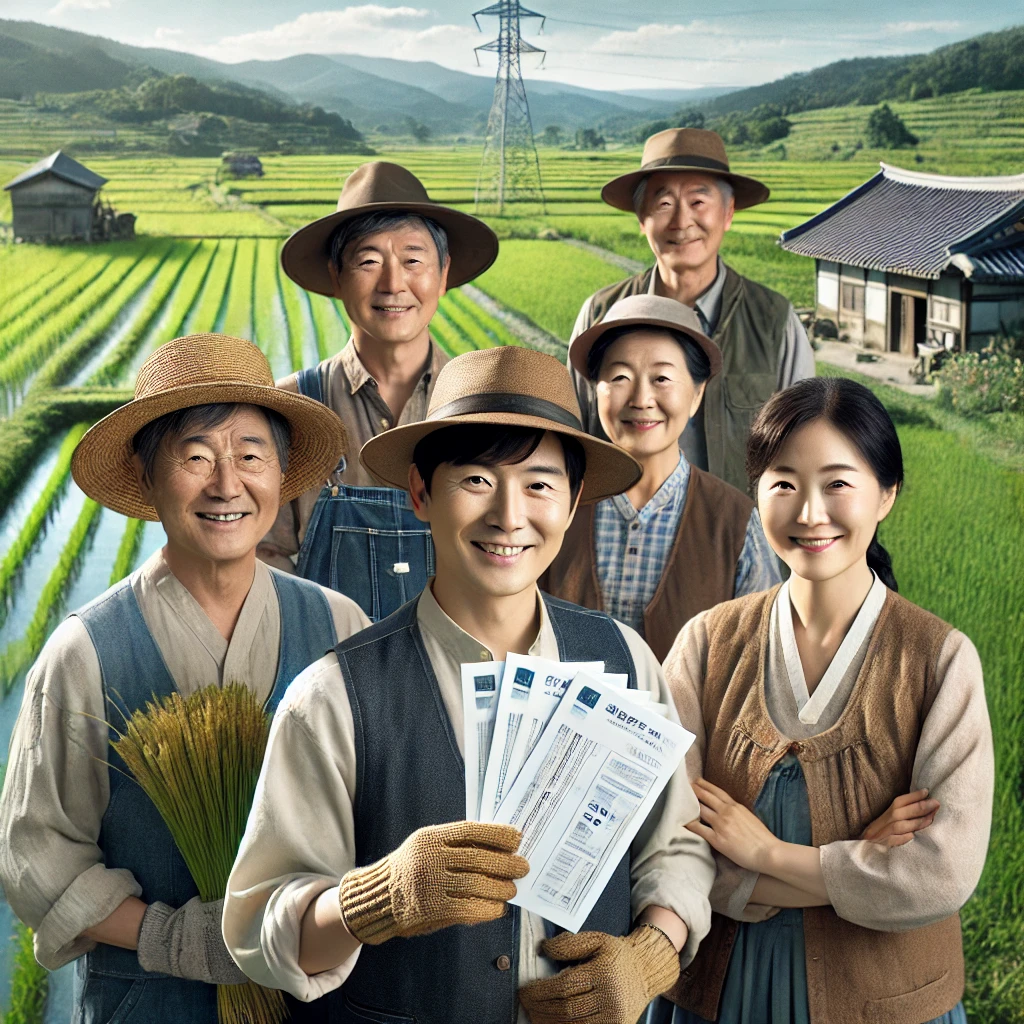전통 농가 배경으로 직불금 신청서를 들고 있는 농민 가족 &ndash; 2025 농업직불금 신청 장려 캠페인 사진