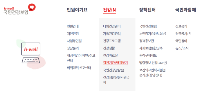 국민건강보험 검진기관/병원찾기 메뉴