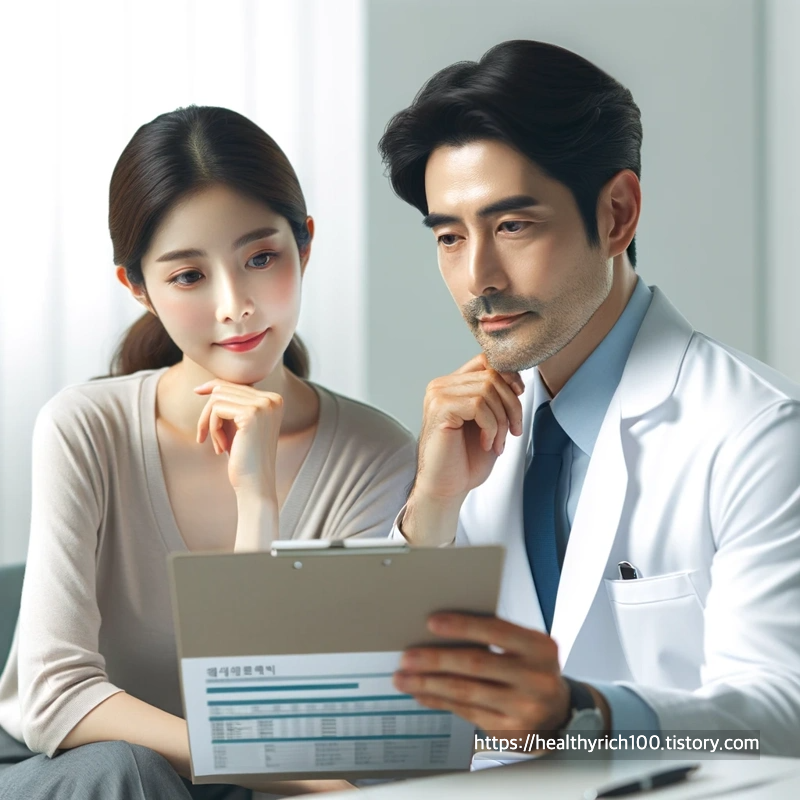 건강검진 결과표를 보며 상담하는 40대 직장인 남성과 여성