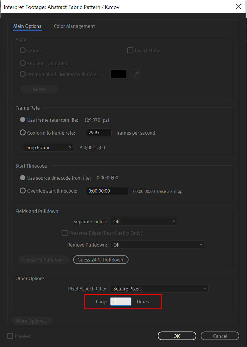 애프터이펙트-풋티지설정화면