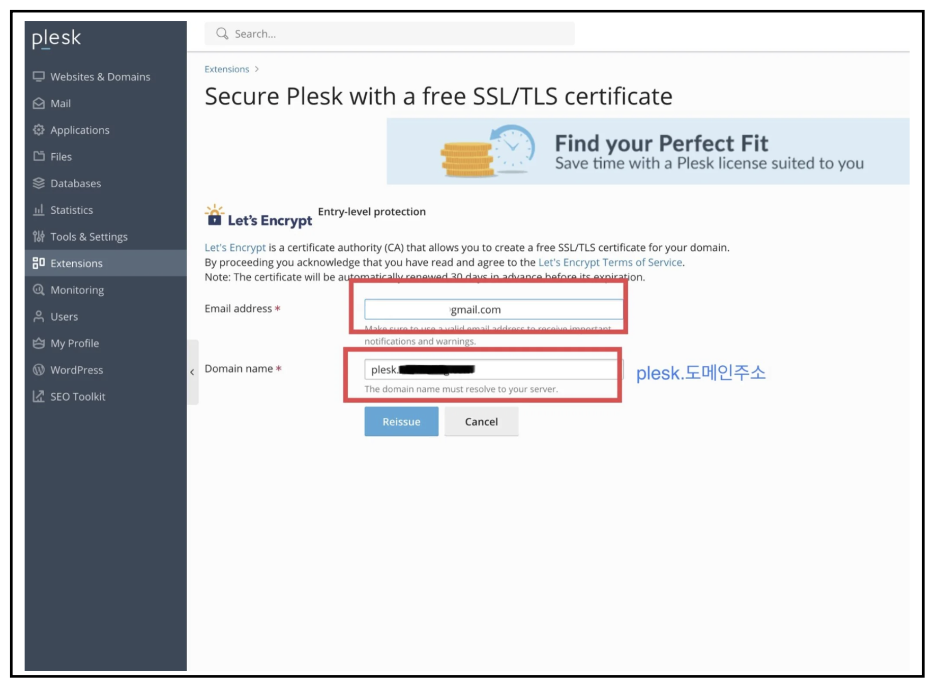 도메인 이름, 이메일 주소 확인 후 reissue 클릭