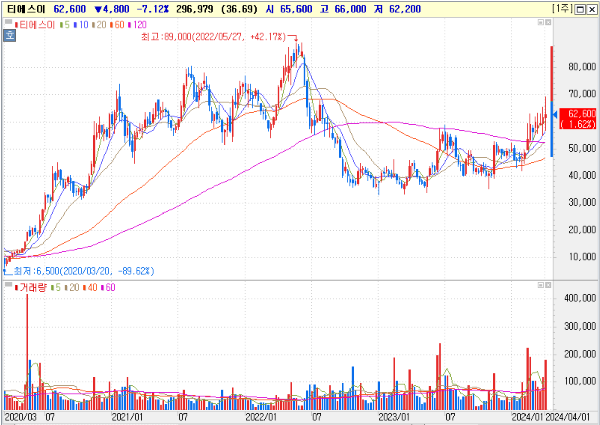 티에스이 주봉 차트