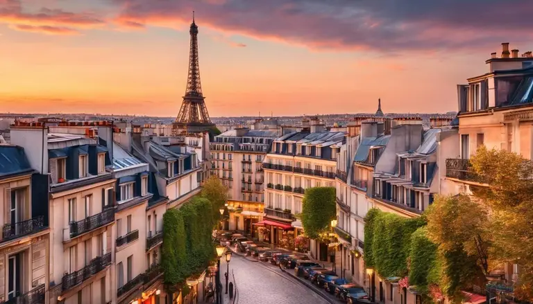 프랑스의 상징적인 랜드마크인 에펠탑의 정수를 담은 노을 지는 하늘을 배경으로 한 에펠탑의 전경