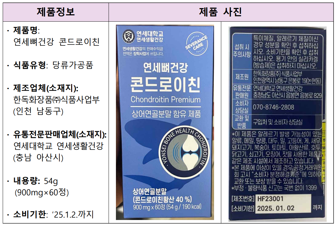 스테로이드 성분 검출된 ‘콘드로이친(당류가공품)’ 회수 조치