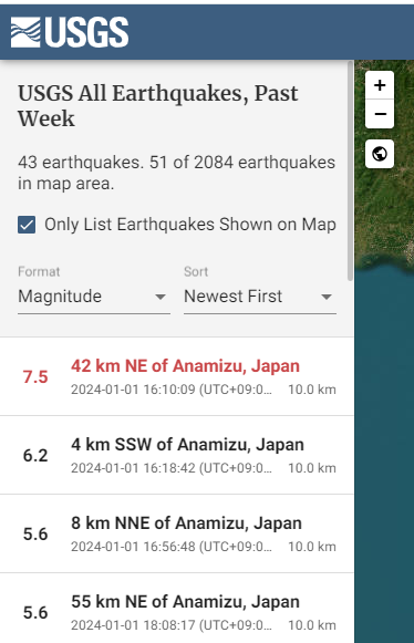 USGS-일본-노토반도-지진-대지진-이후-발생된-지진-모음-결과-2024년-1월4일-기준