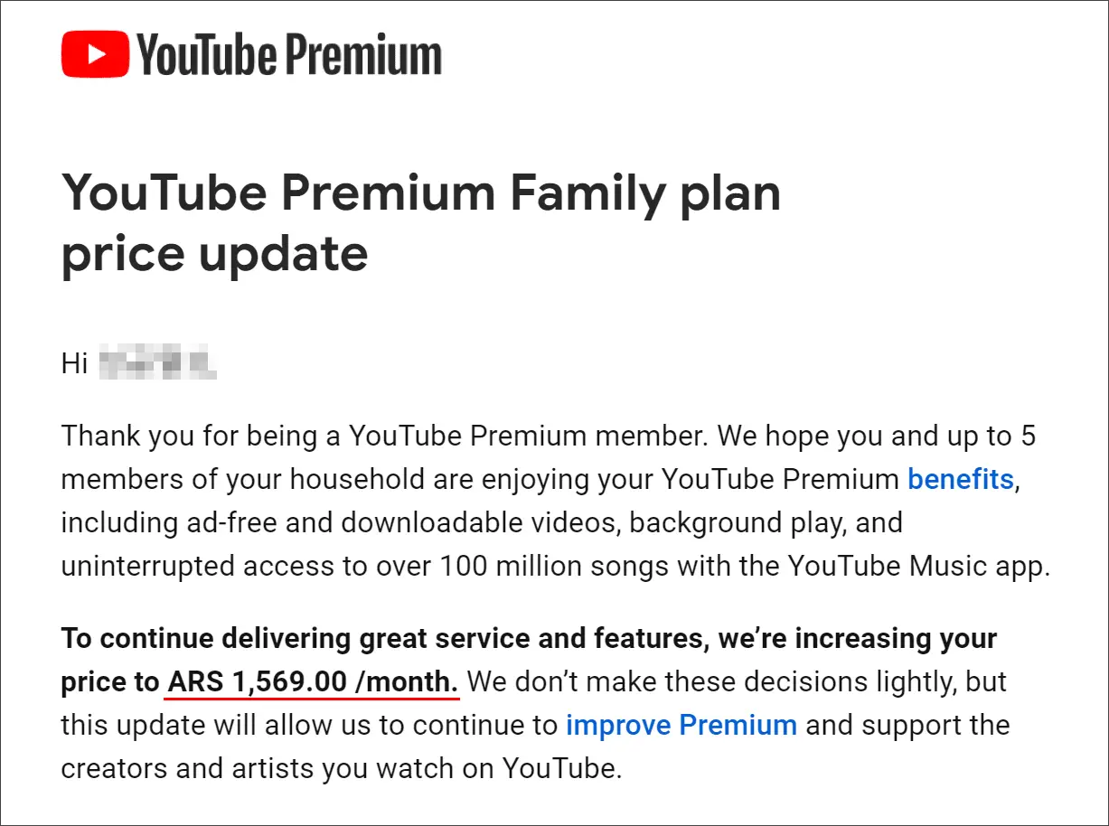유튜브 프리미엄 가족요금제 인상 안내문