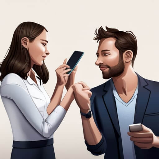 남자와 여자가 손잡고 스마트폰을 하는 장면
