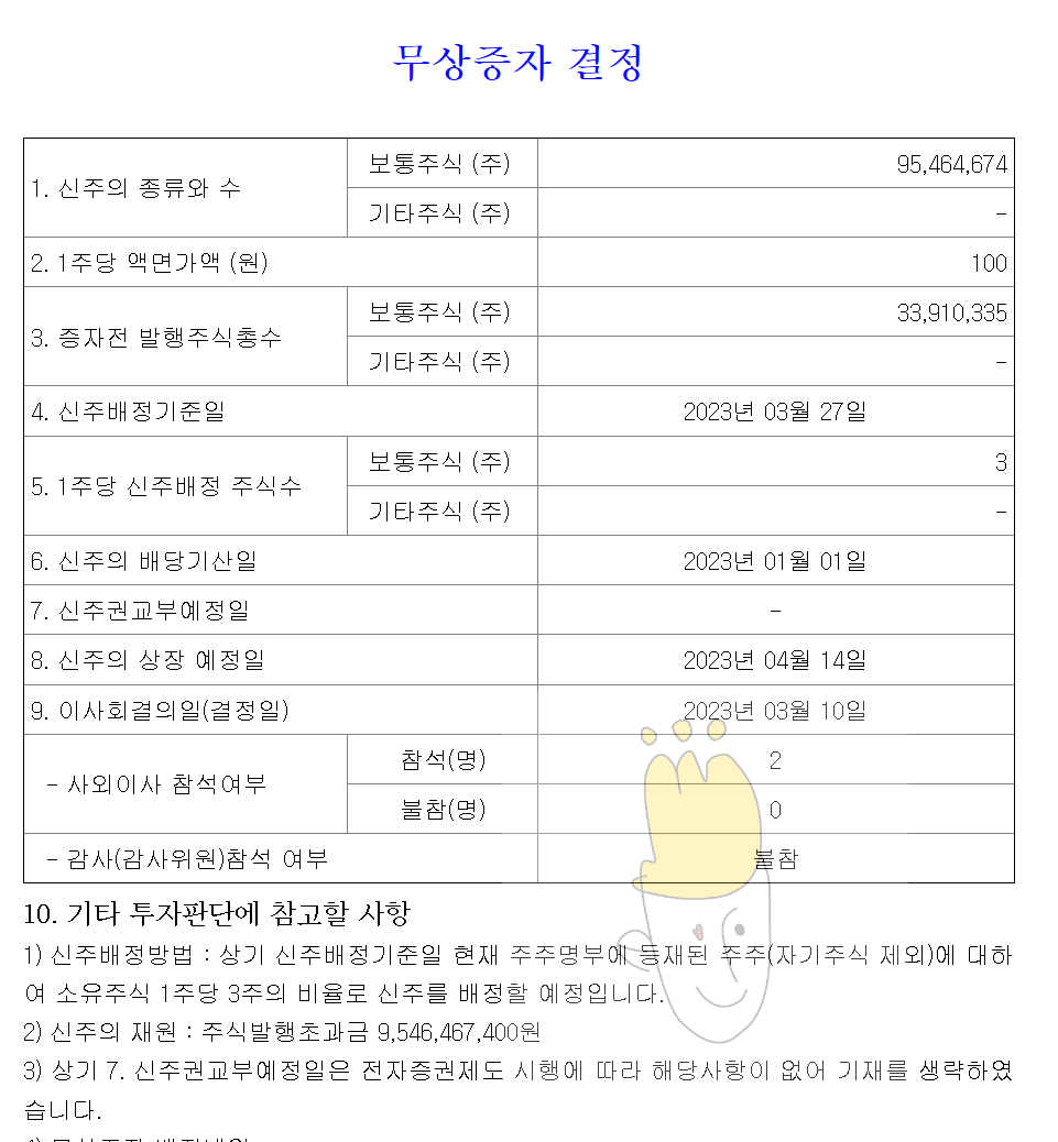  휴마시스 무상증자 2023년 3월 27일 신주배정기준일 권리락