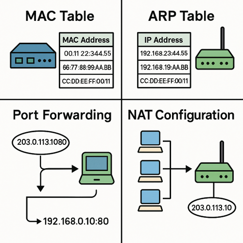 MAC 테이블, ARP 테이블, 포트 포워딩, NAT 구성을 시각적으로 설명하는 네트워크 다이어그램