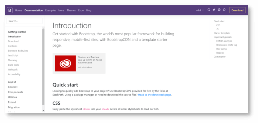 부트스트랩 도큐먼테이션 화면