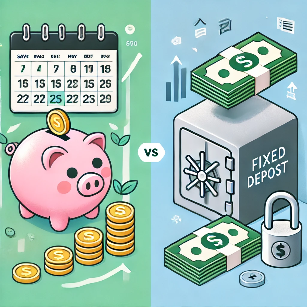적금(정기적인 저축)과 예금(장기적인 안정성)을 비교하는 이미지