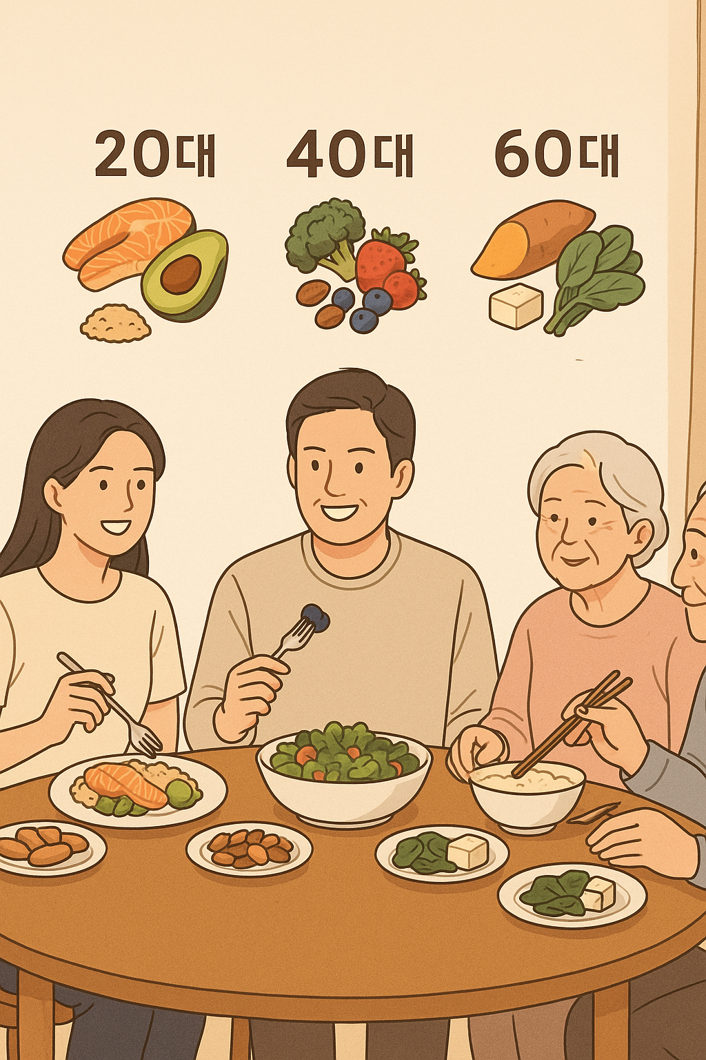 20대·40대·60대별 추천 음식이 담긴 한국 가족 식탁 일러스트