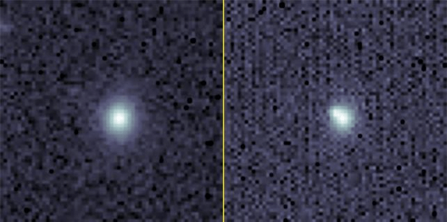 SN2023tyk이 발생한 은하의 전후 이미지. 오른쪽 잔상 이미지에서 별이 폭발한 은하계의 왼쪽 상단 부분이 기형적으로 보입니다.
