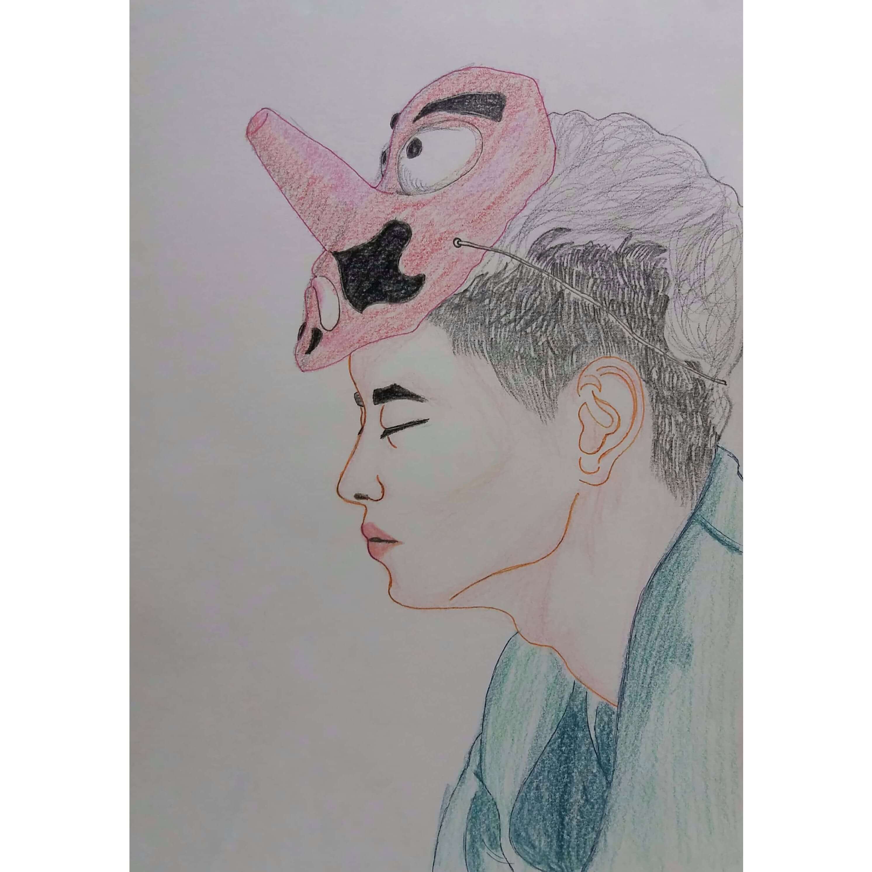  가면을 머리에 착용한 남성의 얼굴