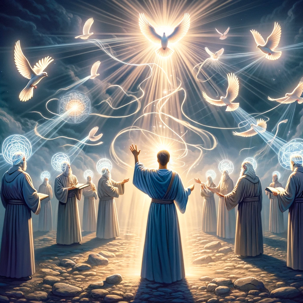 he images that illustrate the concept that the ability to perform miracles and speak wisely stems not from one&amp;#39;s own power&amp;#44; but from God&amp;#39;s blessing and the assistance of the Holy Spirit. The scenes highlight divine symbols to emphasize the source of these abilities