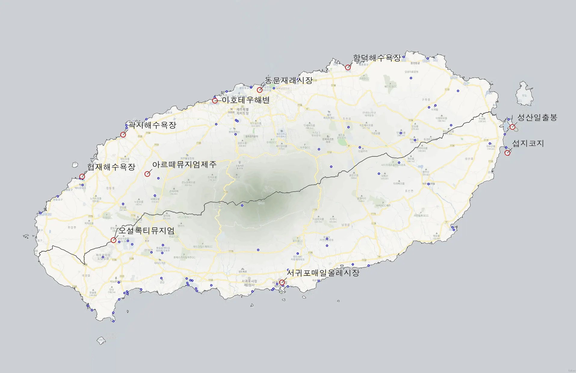 제주도 관광지 상위 100곳 위치도