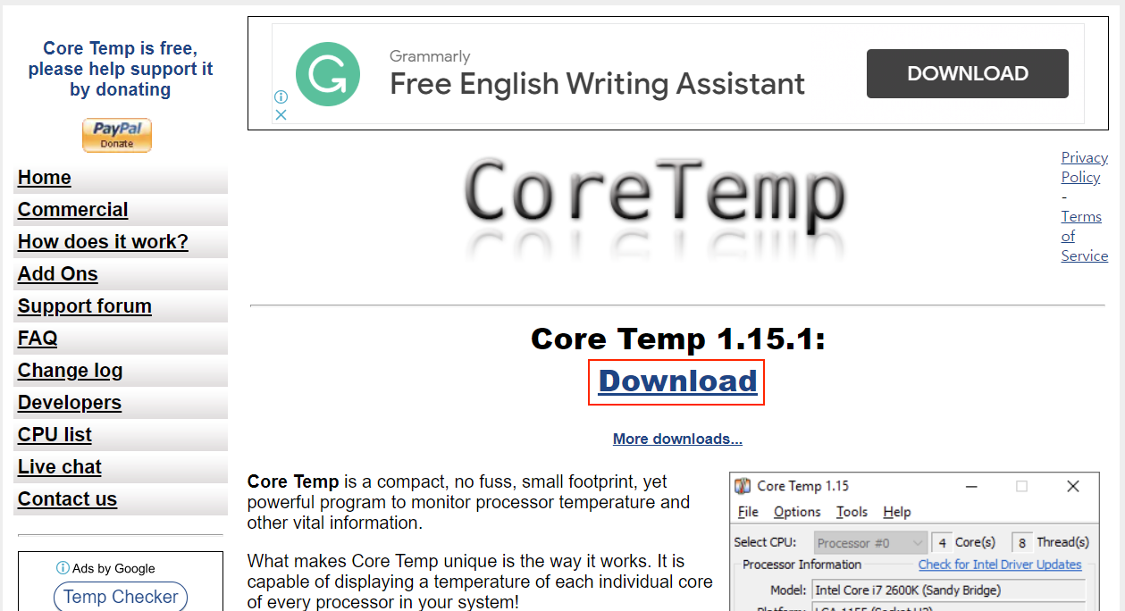 CoreTemp 공식 홈페이지