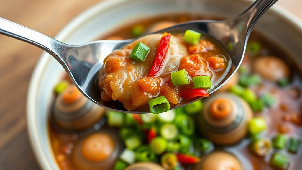 국물이 자작하게 졸아든 골뱅이김치찜에 대파와 고추를 넣고 마무리하는 모습. 완성된 찜을 숟가락으로 뜨는 먹음직스러운 장면.