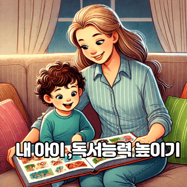 어린 아이와 엄마가 함께 독서하는 모습을 그린 일러스트. 두 사람은 편안한 소파에 앉아 커다란 다채로운 그림책에 몰두하고 있다. 이 포스팅의 썸네일임.