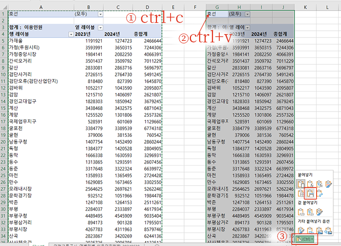 피벗 복사하고 붙여넣기, 열너비 정리