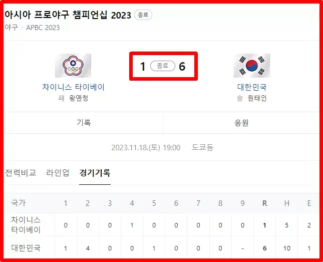 한국 vs 대만 경기 결과