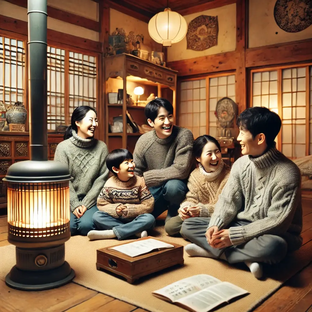 가족이 거실에서 난로를 사용하며 즐거운 시간
