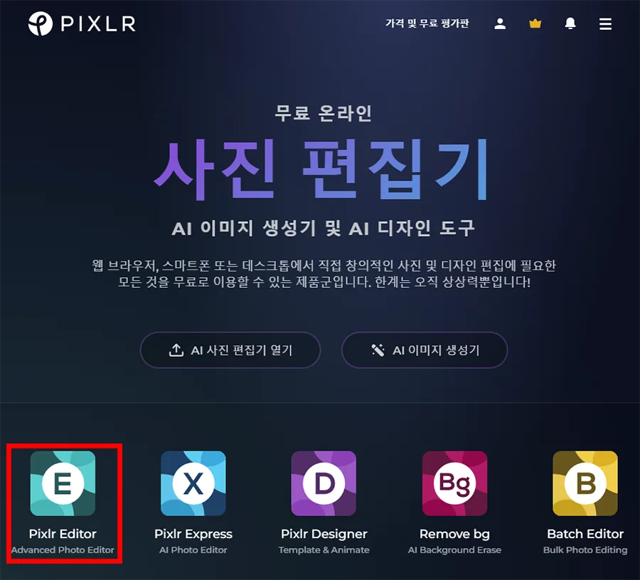 픽슬러 홈페이지의 모습