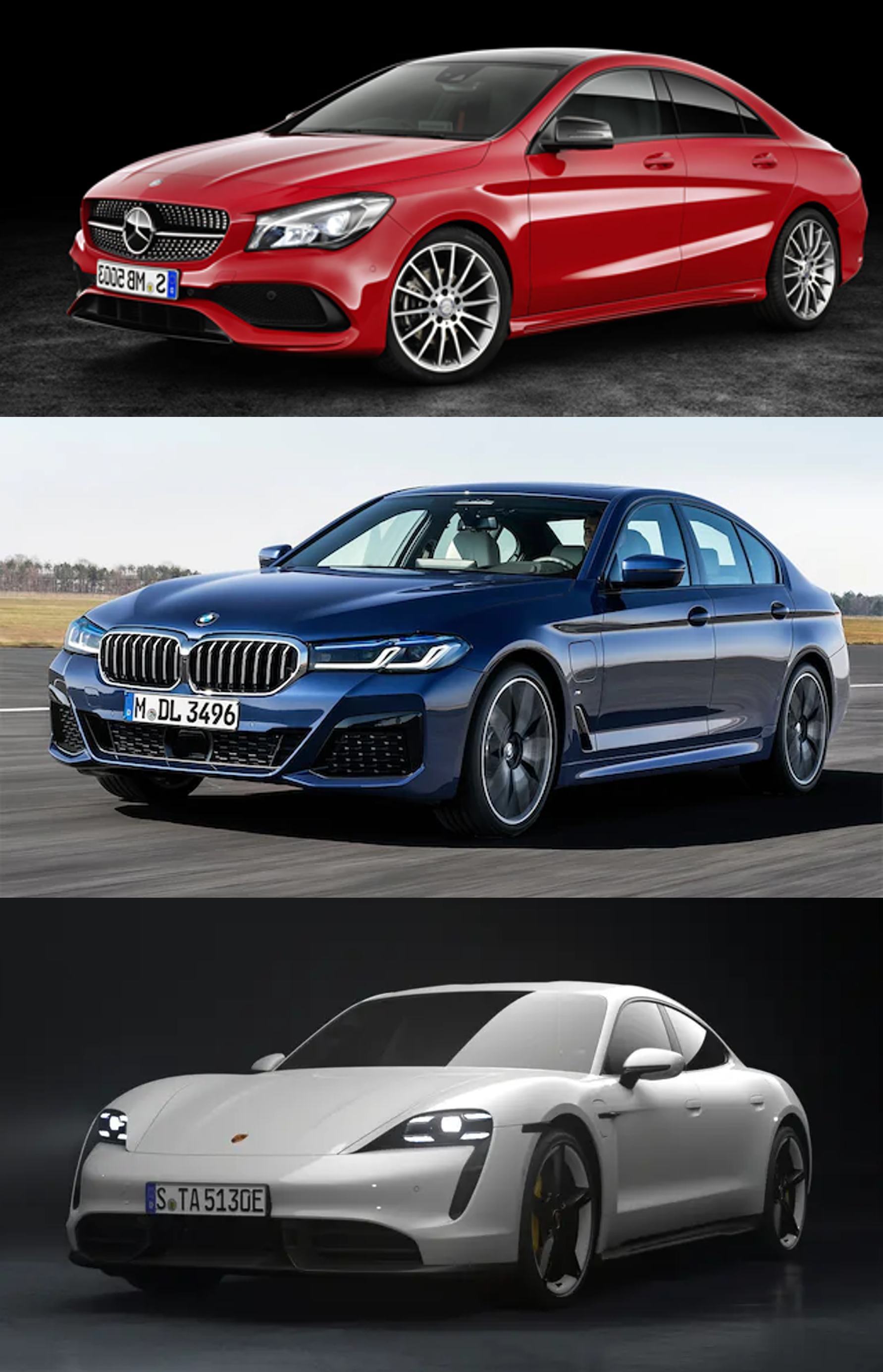 Mercedes-Benz CLA-Class, BMW 5 Series (G30), Porsche Taycan