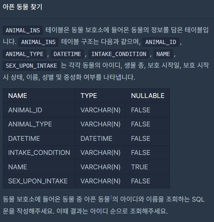  SQL) 아픈 동물 찾기 - Oracle