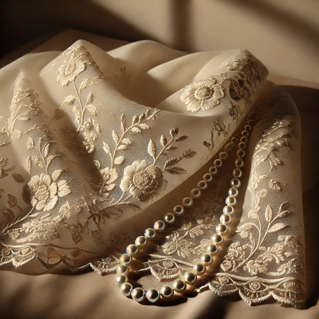 DALL·E 2024-11-26 23.18.58 - An elegant arrangement featuring a white embroidered scarf with intricate floral patterns draped gracefully on a soft surface, paired with a classic p.webp