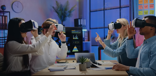 가상현실-VR-고글-유닛-쓰고-대화-커뮤니케이션-하는-사람들