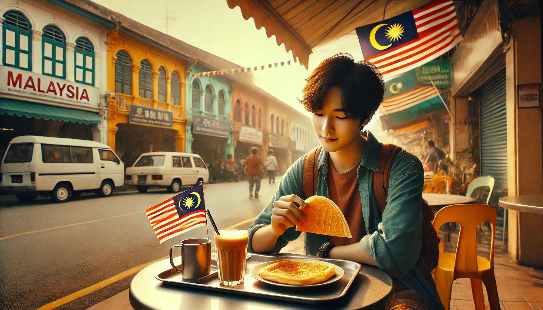 말레이시아 길거리 음식점에서 음식을 즐기는 장면