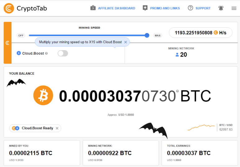  크립토탭(CryptoTab)을 통한 비트코인 채굴 현황(2021.11.10)