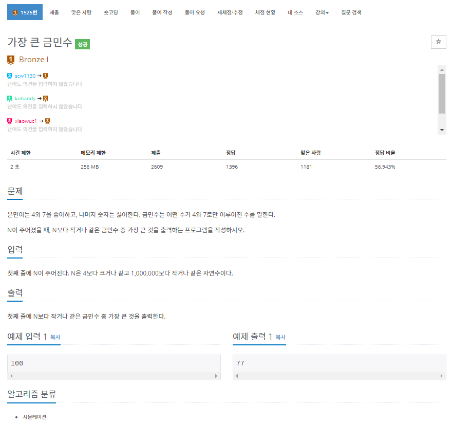  [백준]  1526번: 가장 큰 금민수(시뮬레이션)